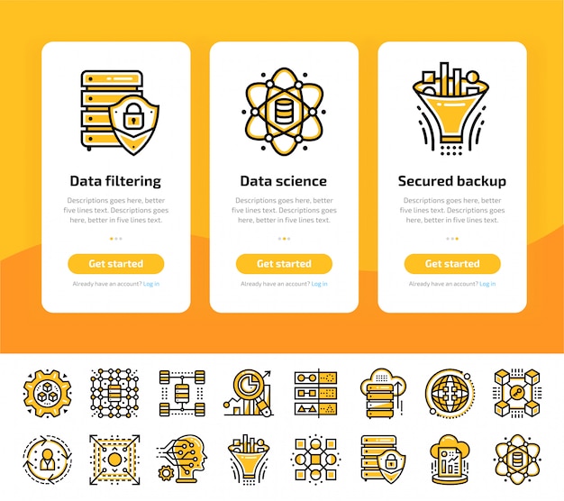 Schermate di app integrate della tecnologia data science e set di icone del processo di apprendimento automatico