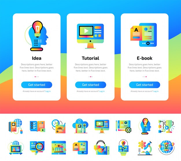 Onboarding app screens of education and e-learning illustrations set.