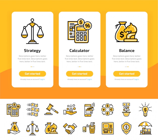 Vector onboarding app screens of finance, banking icon set