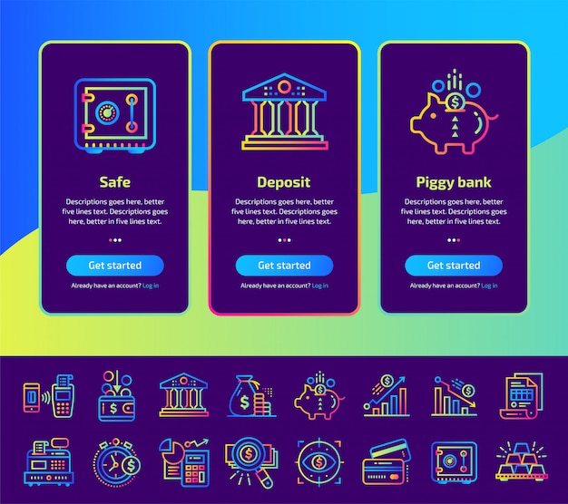 Schermate di app onboarding di finanza, set di illustrazione bancaria.