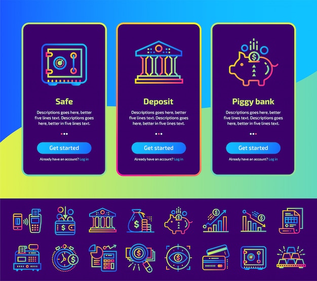 Vector onboarding app screens of finance, banking illustration set.