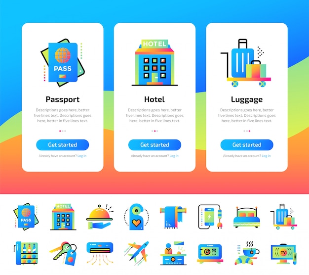 Vector onboarding app screens of hotel services illustrations set.