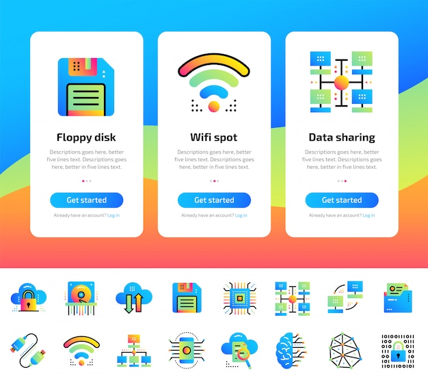 データコンピューティング、インターネット技術、およびデータのセキュリティ保護されたアイコンセットのオンボーディングアプリ画面。インターフェイスui、ux、モバイルアプリ、ウェブサイトに適しています。