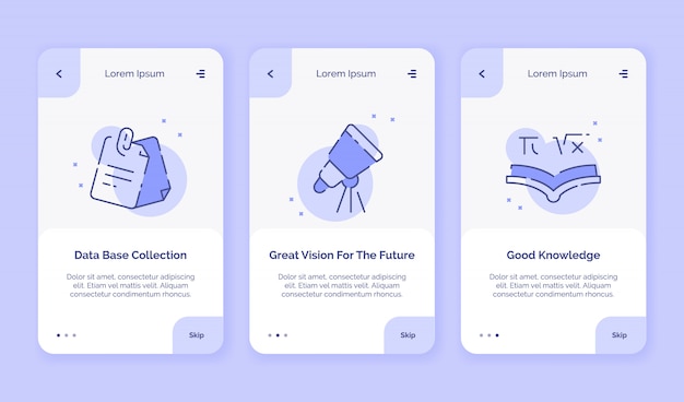 온보드 아이콘 창조적 인 데이터베이스 수집 모빌 앱 랜딩 템플릿 플랫 스타일에 대한 미래의 좋은 지식 캠페인을위한 훌륭한 비전