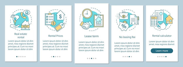 Onboarding mobiele app-paginascherm voor verhuur van onroerend goed met lineaire concepten. Kies woningtype, prijs, looptijd walkthrough stappen grafische instructies. UX, UI, GUI vectorsjabloon met illustraties