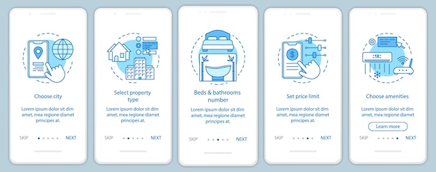 Onboarding mobiele app-paginascherm voor verhuur van onroerend goed met lineaire concepten. makelaar. stappen grafische instructies voor hotelboekingen. ux, ui, gui vectorsjabloon met illustraties