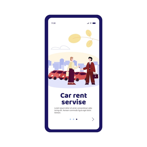 Onboarding page interface for car rental services vector cartoon illustration