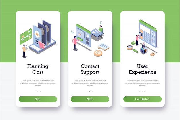 Vector onboarding-pagina's met kosten plannen