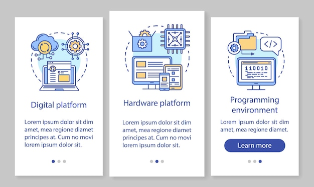 Onboarding-paginascherm voor mobiele apps programmeren met lineaire concepten. cross-platform ontwikkelomgeving stappen grafische instructies. ux, ui, gui vectorsjabloon met illustraties