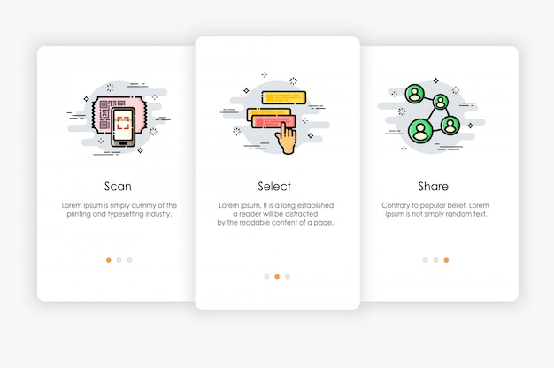 Vector onboarding-schermen ontwerpen in het gebruik van app-concept. scannen selecteer en deel pictogram. moderne en vereenvoudigde illustratie, sjabloon voor mobiele apps.