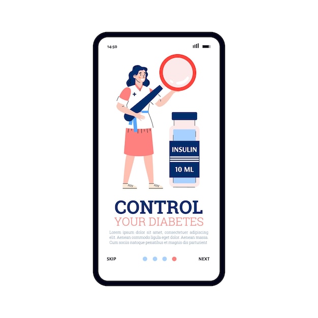 Onboarding screen mockup for diabetes control app cartoon vector illustration