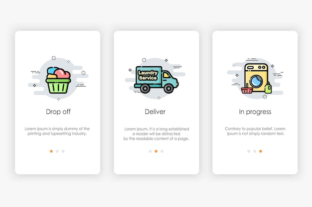 Onboarding screens design in laundry and washer concept. modern and simplified  illustration, template for mobile apps.