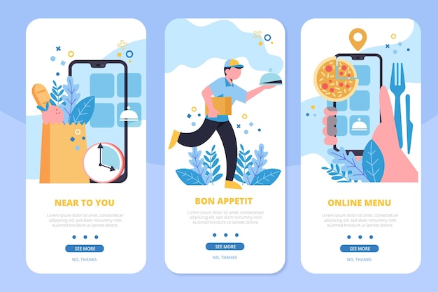 Onboarding screens food delivery with courier