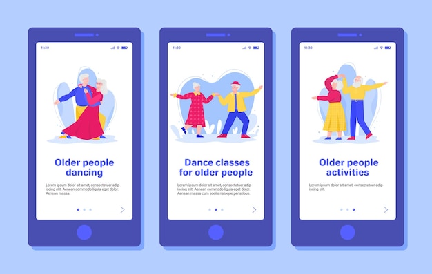 Vettore onboarding per persone anziane lezioni di ballo piatto fumetto illustrazione flat