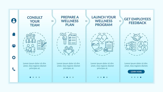 Onboarding-sjabloon met tips voor zakelijk welzijn. Wellnessplan opstellen. Feedback van medewerkers. Responsieve mobiele website met pictogrammen. Doorloopstapschermen voor webpagina's. RGB-kleurenconcept