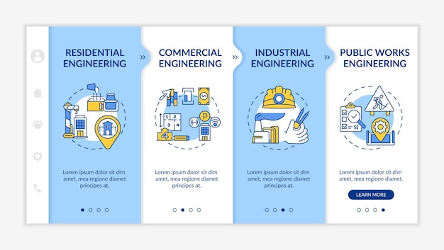 Onboarding-sjabloon voor civieltechnische projecten. publieke werken. condo constructie, onroerend goed gebouw. responsieve mobiele website met pictogrammen. doorloopstapschermen voor webpagina's. kleur concept