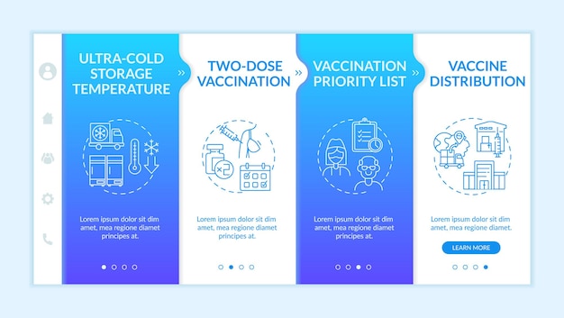 Onboarding-sjabloon voor covid-vaccinatie. twee doses vaccinatie voor een betere verbetering van de gezondheid. responsieve mobiele website met pictogrammen. doorloopstapschermen voor webpagina's. rgb-kleurenconcept