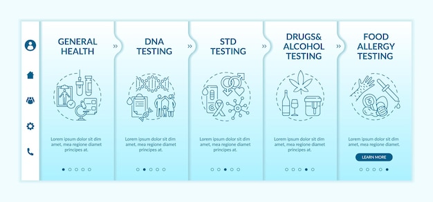 Onboarding-sjabloon voor de beste laboratoriumtestcategorieën. drugs, alcoholtesten. controle van voedselallergie. responsieve mobiele website met pictogrammen. doorloopstapschermen voor webpagina's. rgb-kleurenconcept