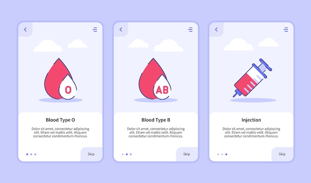 onboarding-sjabloon voor mobiele apps ontwerp ui voor medisch pictogram bloedgroep O