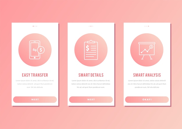 Вектор onboarding ux ui приложение gui отображает шаблон банковского приложения для мобильных приложений.