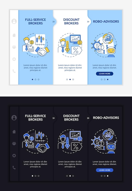 Onboardingsjabloon voor gelicentieerde makelaars. Responsieve mobiele website met pictogrammen