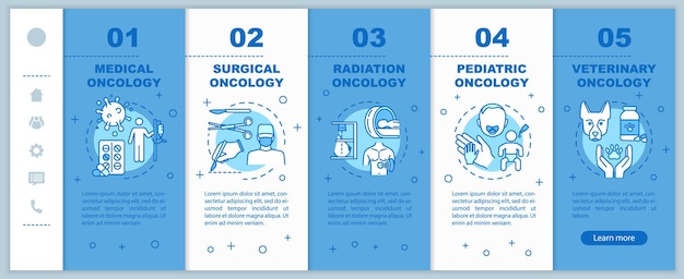 Vector oncology onboarding vector template. surgical and radiation cancer treatment. responsive mobile website with icons. medical and veterinary oncology. webpage walkthrough step screens. rgb color concept