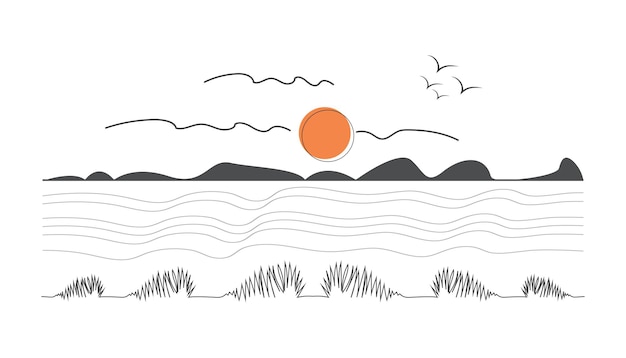 Ondergaande zon op de achtergrond line art tekening natuur vector illustratie