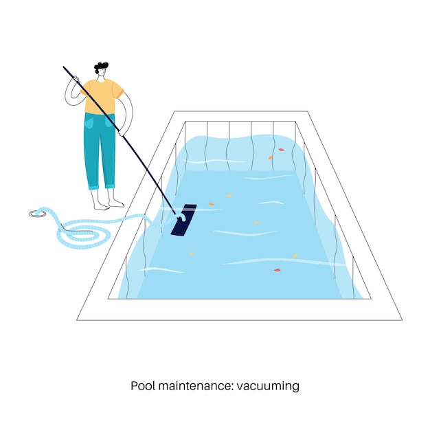 Onderhoud zwembad. vectorillustratie van man schokken en algicide het zwembad