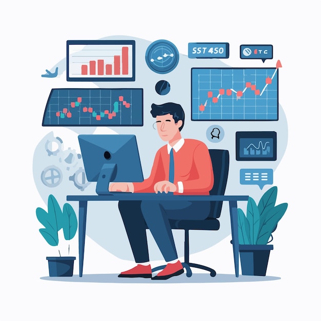 Ondernemer die aan het werk is bij de beurs en de financiële handel Diagram van de markt Vector