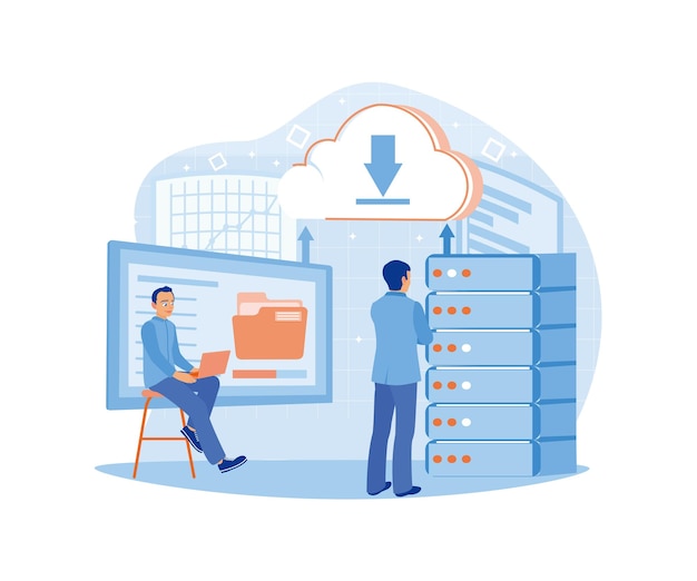 Ondernemer die bestanden toevoegt aan het datacentrum Online database opslagtechnologie kon Computing concept Flat vector illustratie