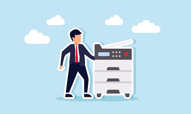 Ondernemer die naast een kopieermachine staat illustratie van zaken in de drukkerij