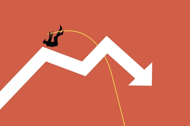 Ondernemer die over een vallende pijl springt over de recessie springt aandelen vallen financiële problemen overwinnen risico's aangaan