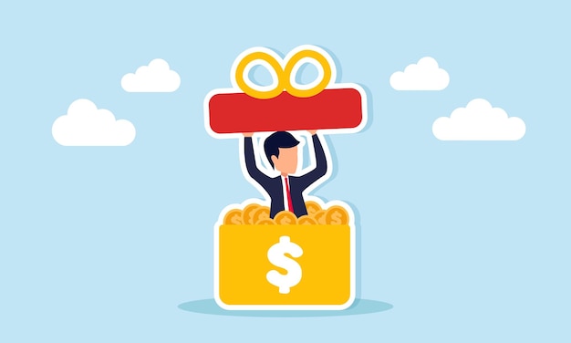 Ondernemer die uit een geschenkdoos komt met een etiket met een dollarteken gevuld met dollarmuntstukken illustratie van financiering ontvangen van investeerders