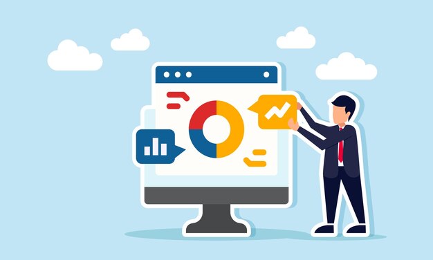Ondernemer houdt aantekeningen naast een monitor weergeven een applicatie-interface met een pie chart en grafiek illustratie van de voorbereiding van zakelijke of financiële rapporten met grafiek visualisatie
