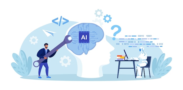 Ondernemer werkt samen met slim AI-brein Bedrijfsautomatisering Robotica-hulp Kunstmatige intelligentie helpt bij het succes van het bedrijf Robotica-automatisering of innovatie-ondersteuning
