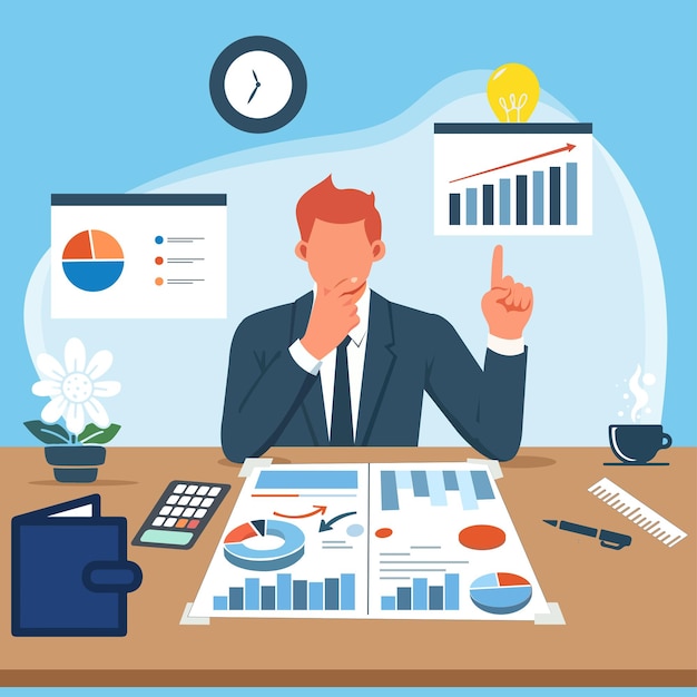 Ondernemers analyseren en plannen datagraphfinancechart op tafel vlakke vector illustratie