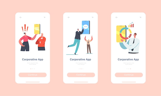 Ondernemers gebruiken corporatieve mobiele app-pagina aan boord van schermsjabloon. kleine karakters met enorme smartphones gebruiken bedrijfsapplicatie voor communicatieconcept. cartoon mensen vectorillustratie