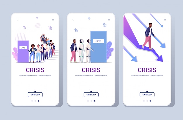 Ondernemers gefrustreerd over neerwaartse grafiek baan werkgelegenheid financiële crisis robotachtige overheersing concept telefoon schermen collectie mobiele app horizontale volledige lengte kopie ruimte