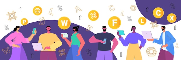 ondernemers mijnbouw verschillende virtuele geld munten op laptops cryptocurrency uitwisseling bancaire transactie financiële tools investering digitale valuta concept horizontale vectorillustratie