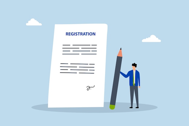 Ondernemingsregistratie dienst ondernemer grijpen pen overwinning indicatie bedrijfspapieren met