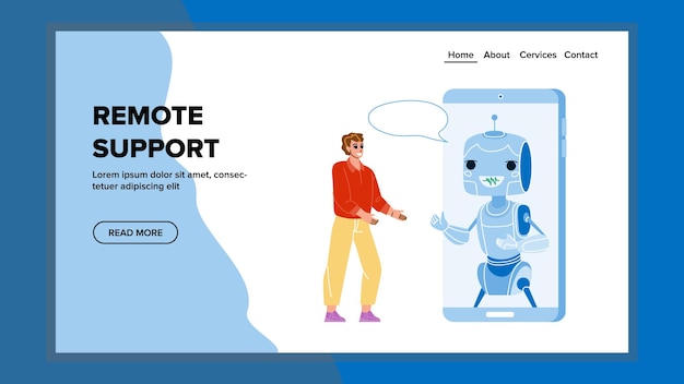 Ondersteuning op afstand voor het oplossen van klantprobleem Vector. Man communiceren met Chat Bot-assistent, Client Remote Support en Help. Karakter Virtuele Assistentie Technologie Web Platte Cartoon Afbeelding