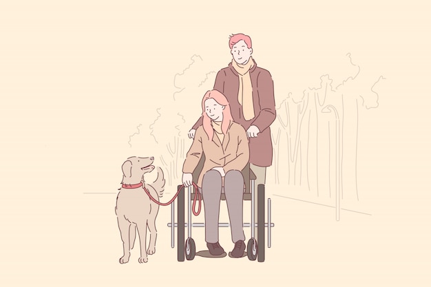 Ondersteuning voor gehandicapten, liefde. gehandicapt jong meisje met man in park, vrouw in rolstoel, vrouw die met echtgenoot en hond loopt, gelukkige familie samen tijd doorbrengen. eenvoudig plat