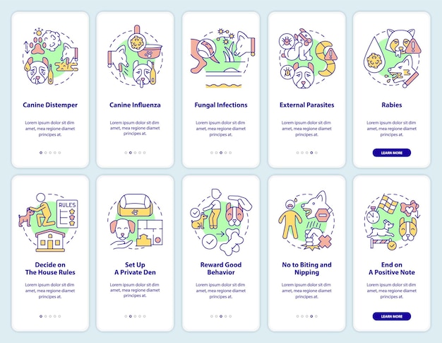 Ondersteuning voor onboarding mobiele app-schermset voor hondenwelzijn