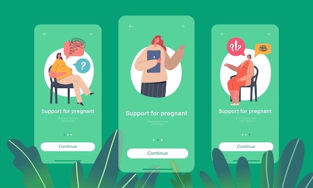 Ondersteuning voor zwangere mobiele app-pagina onboard-schermsjabloon vrouwen bevallingspsychologie assistentie zwangerschap