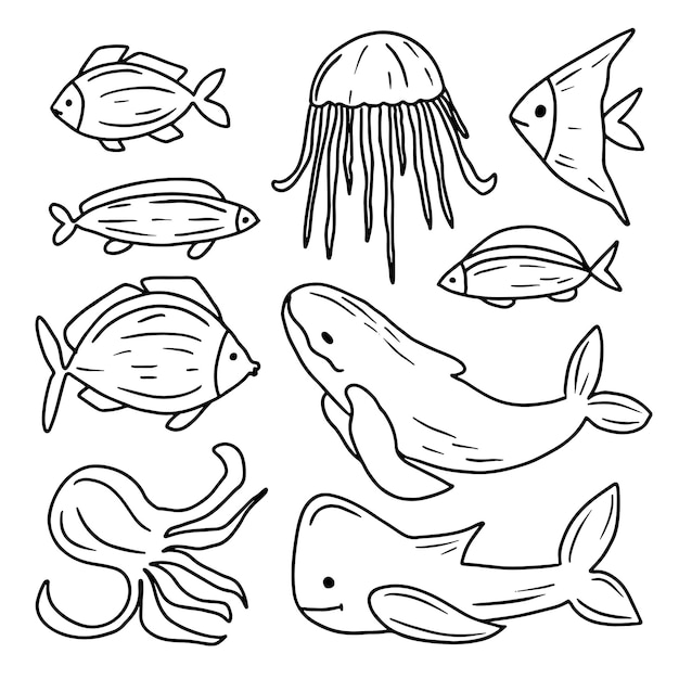 Onderwater dieren hand getekende set vector illustratie aquatische fauna collectie in doodle stijl