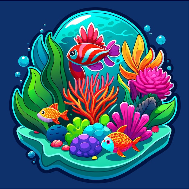 Vector onderwater zeedieren mariene planten en vissen met de hand getekende mascotte cartoon personage sticker