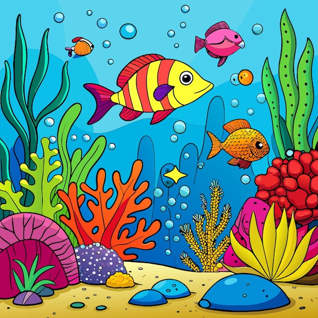 Vector onderwater zeedieren mariene planten en vissen met de hand getekende mascotte cartoon personage sticker