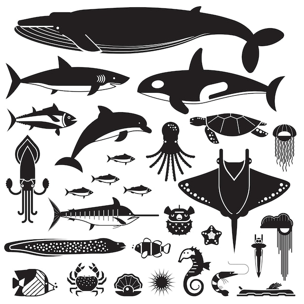 Onderwaterdieren en zeedieren pictogrammen Oceaan- en zeevissen en ander waterleven silhouet collectie Vectorillustratie van blauwe vinvis duivelsvis dolfijn orka octopus weekdieren