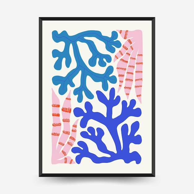 Onderwaterwereld, oceaan, zee, vis en schelpen poster sjabloon. Matisse minimalistische stijl