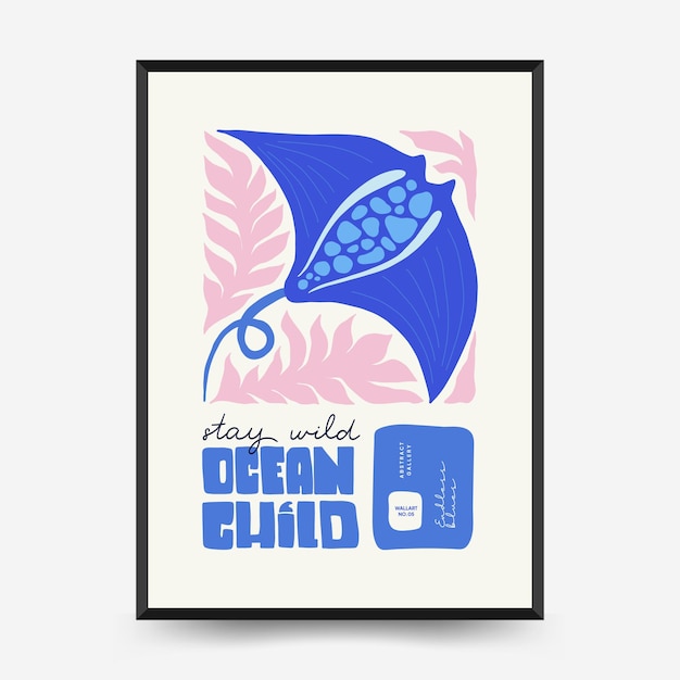 Onderwaterwereld, oceaan, zee, vis en schelpen poster sjabloon. Matisse minimalistische stijl